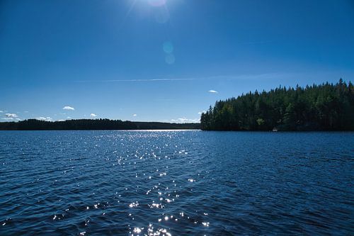Meer in Zweden met witte wolken, blauw water en bomen aan de oever