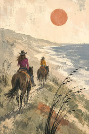 Twee cowgirls langs de ruige kust (AI) (paardrijden, vrijheid, hobby, ruiter, western, vintage) van Natalie Bruns