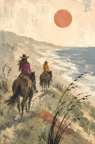 Two cowgirls along the rugged coast (AI) (horse riding, freedom, hobby, rider, Western, vintage)