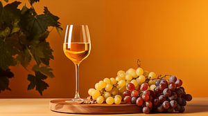 Ein Glas Wein mit Trauben auf einem Holzbrett mit orangefarbenem Hintergrund
