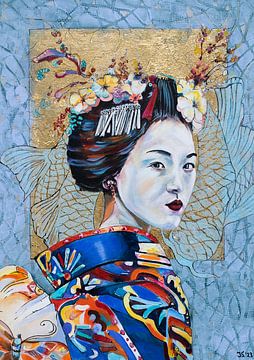 Japanse vrouw met vissen,Aziatische  kunst. van Janny Schilderink......Atelier "de Tuute "