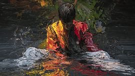 Abstract Human Dissolving Into Water Painting, Expressive Acrylic Impasto Art, Emotional Surreal Figure, Chaotic Brushstroke Modern Fine Art Composition by Aden Pink Studio