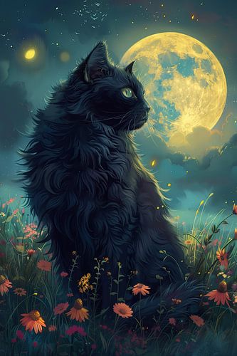 A black cat beneath the golden moon