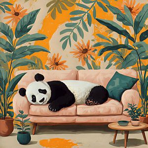 Ein Pandabär, der auf einem Sofa im tropischen Stil liegt.