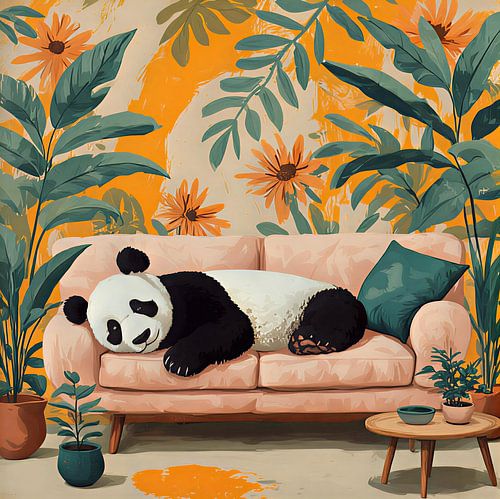 Ein Pandabär, der auf einem Sofa im tropischen Stil liegt. von J.a Dijkstra