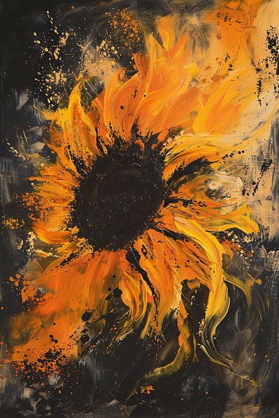 Dynamisch abstract zonnebloem schilderij in oranje van Art & Soul Creations
