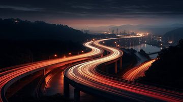 longue exposition traces lumineuses d'une autoroute dans la nuit sur Animaflora PicsStock