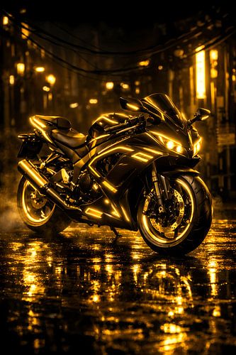 Goldene Cyberbike‑Legende im Neonregen