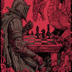 Knight plays chess with a dragon by Pixelbull Design