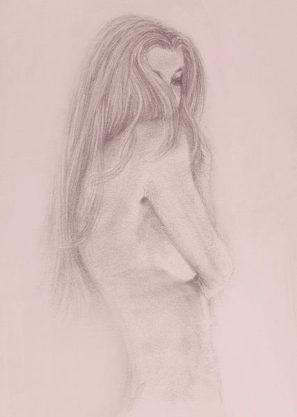 Esquisse jeune femme, discrète nue pastel gris rose par Krista Kitsz Art