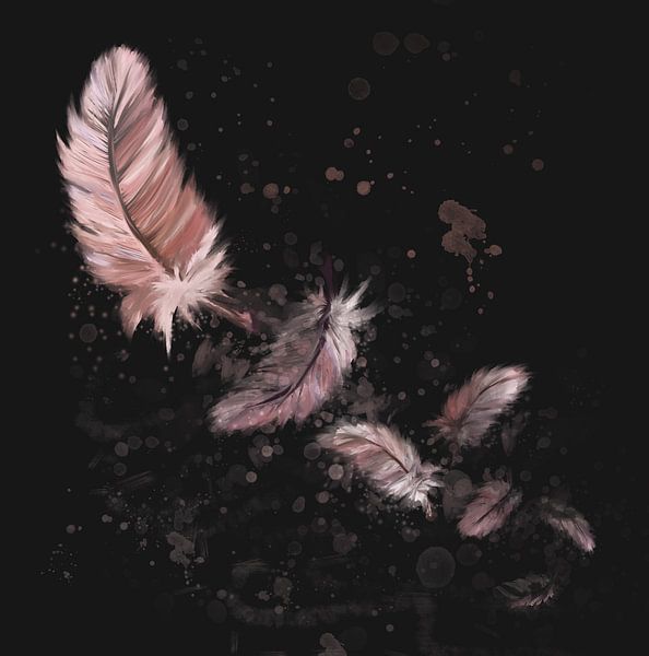 Sieben rosa Flamingo Federn gegen dunklen Hintergrund von Emiel de Lange