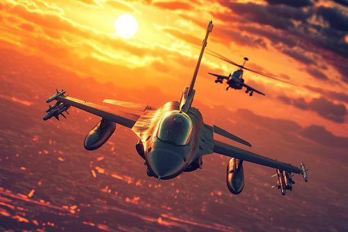 Straaljager en een Apache-gevechtshelikopter
