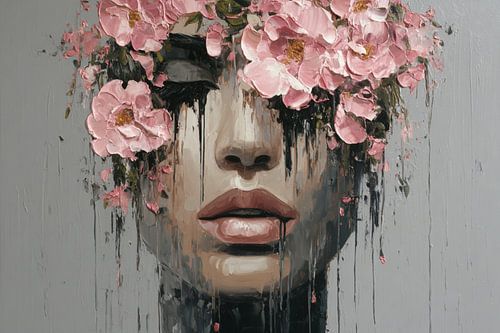 Floral Drip – Abstraktes Porträt mit Blumen und Farbspritzern