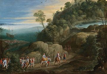 Een uitgebreid landschap met scènes uit de Historiae Aethiopica, Paul Bril