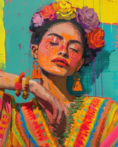 Buntes Señorita-Porträt mit Blumenkranz und folkloristischen Einflüssen