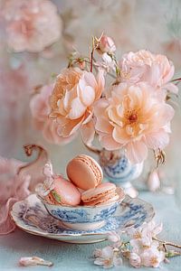 Rosa Macarons in Porzellantasse mit Blumen - Romantisches Stillleben