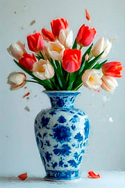 Un vase de style « Delfts Blauw » orné de tulipes colorées.