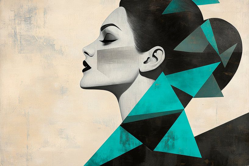 Profil de femme géométrique en bleu et noir par Poster Art Shop