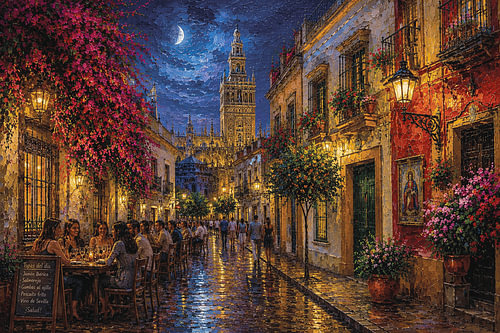 Seville at night painting – A beautiful city in Spain.