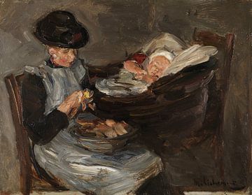 meisje uit Laren dat aardappelen schilt bij een slapend kind, MAX LIEBERMANN, omstreeks 1887