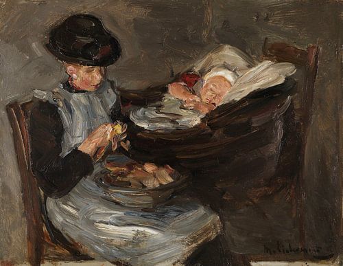 meisje uit Laren dat aardappelen schilt bij een slapend kind, MAX LIEBERMANN, omstreeks 1887