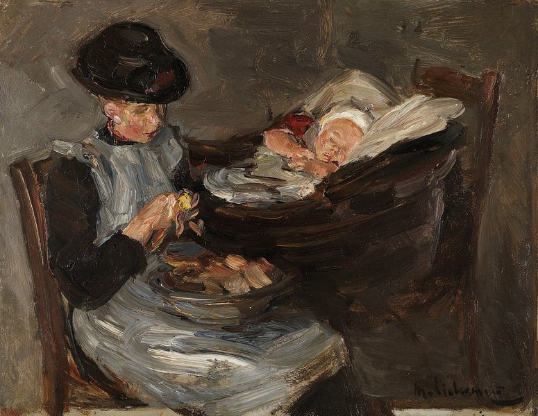 Mädchen aus Laren beim Kartoffelschälen mit einem schlafenden Kind, MAX LIEBERMANN, um 1887 von Atelier Liesjes