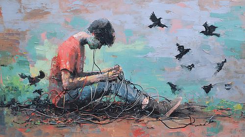 Œuvre d'art figurative abstraite et surréaliste représentant un personnage tirant des fils emmêlés de sa poitrine, exprimant une émotion