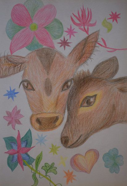 Pencil drawing of two calves, surrounded by flowers by Breezy Photography and Design