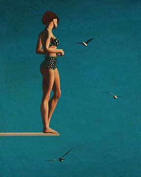 Schilderij van een vrouw die op een duikplank staat van Jan Keteleer