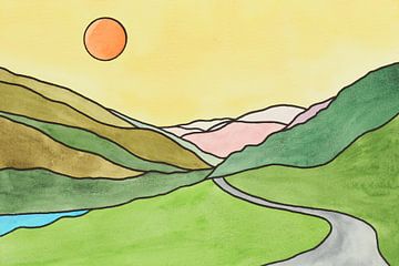 Roadtrip westkust Nieuw Zeeland deel 2 van 2 (zonnig abstract aquarel schilderij bergen landschap) van Natalie Bruns
