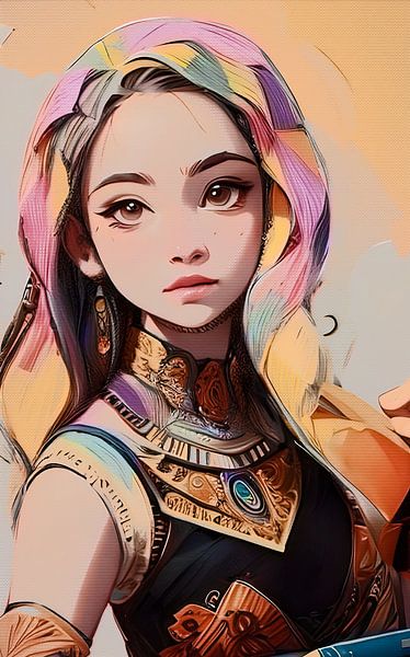 Colourful portrait of a young woman with brown eyes by Emiel de Lange