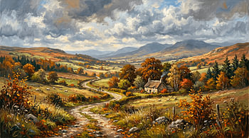 Olieschilderij van een herfstlandschap met een kronkelend pad