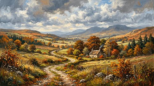 Peinture à l'huile représentant un paysage champêtre automnal avec un sentier sinueux