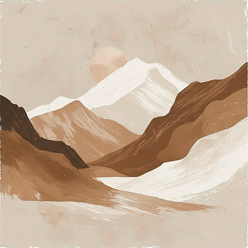 A landscape of mountains bathed in sunlight, in light, warm colours.