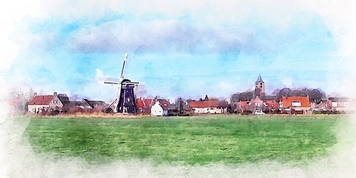 Aquarelschilderij met zicht op Aagtekerke, Zeeland.