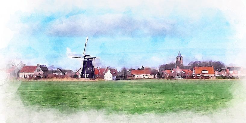Watercolour painting with view of Aagtekerke, Veere, Zeeland. by Danny de Klerk
