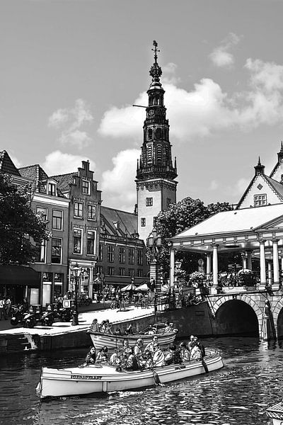 Pentekening Leiden Stadhuis en Kroonbrug Tekening Lijntekening van Hendrik-Jan Kornelis