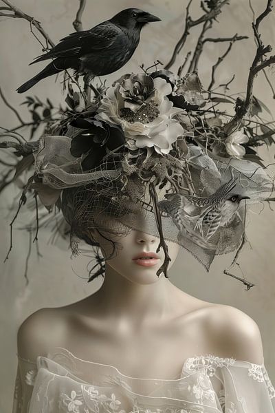 Surreal portrait Hat or Nest by Bernardine de Laat