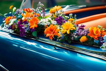 Colourful flowers on classic car bodywork by Poster Art Shop