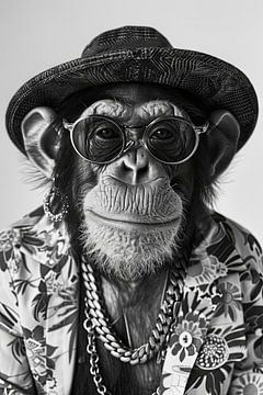 Chimpansee in hipster kleding en accessoires portret van Felix Brönnimann