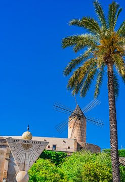 Zicht op oude historische windmolen in Palma de Mallorca, Spanje van Alex Winter