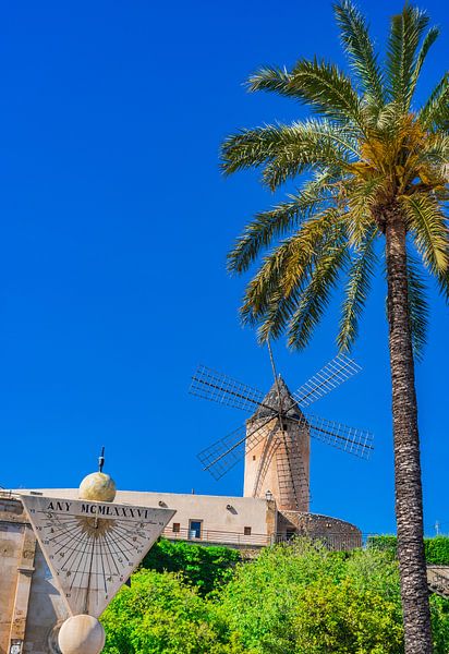 Zicht op oude historische windmolen in Palma de Mallorca, Spanje van Alex Winter