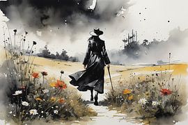 Vrouw in het zwart tussen de wilde bloemen... van Ans Bastiaanssen