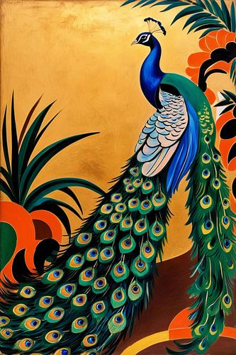 Kleurrijke pauw op gouden achtergrond