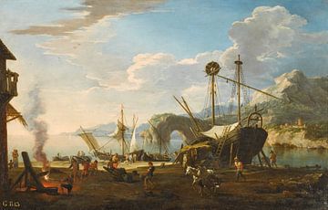 Een Capriccio havengezicht in een mediterrane baai, Jacob De Heusch