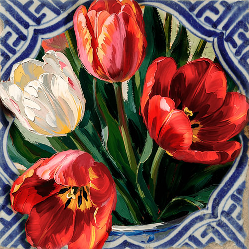 Tulpen in Delfts Blauw – Kleurrijk Bloemenschilderij van Sander Van Laar