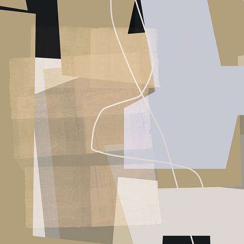Abstract schilderij met vormen in beige, lichtblauw, zwart