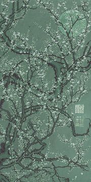 Japanischer Vintage-Druck. Pflaumenblüte bei Vollmond in zartem Grün