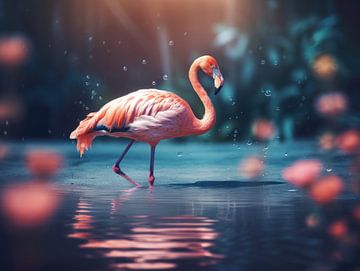 Flamingo in dromerig water van Eva Lee