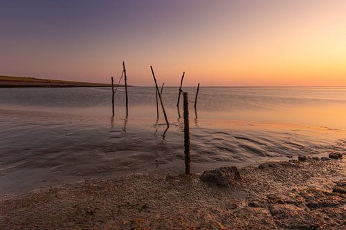 Fishing poles in the mud flats with rising tide on the mud flats